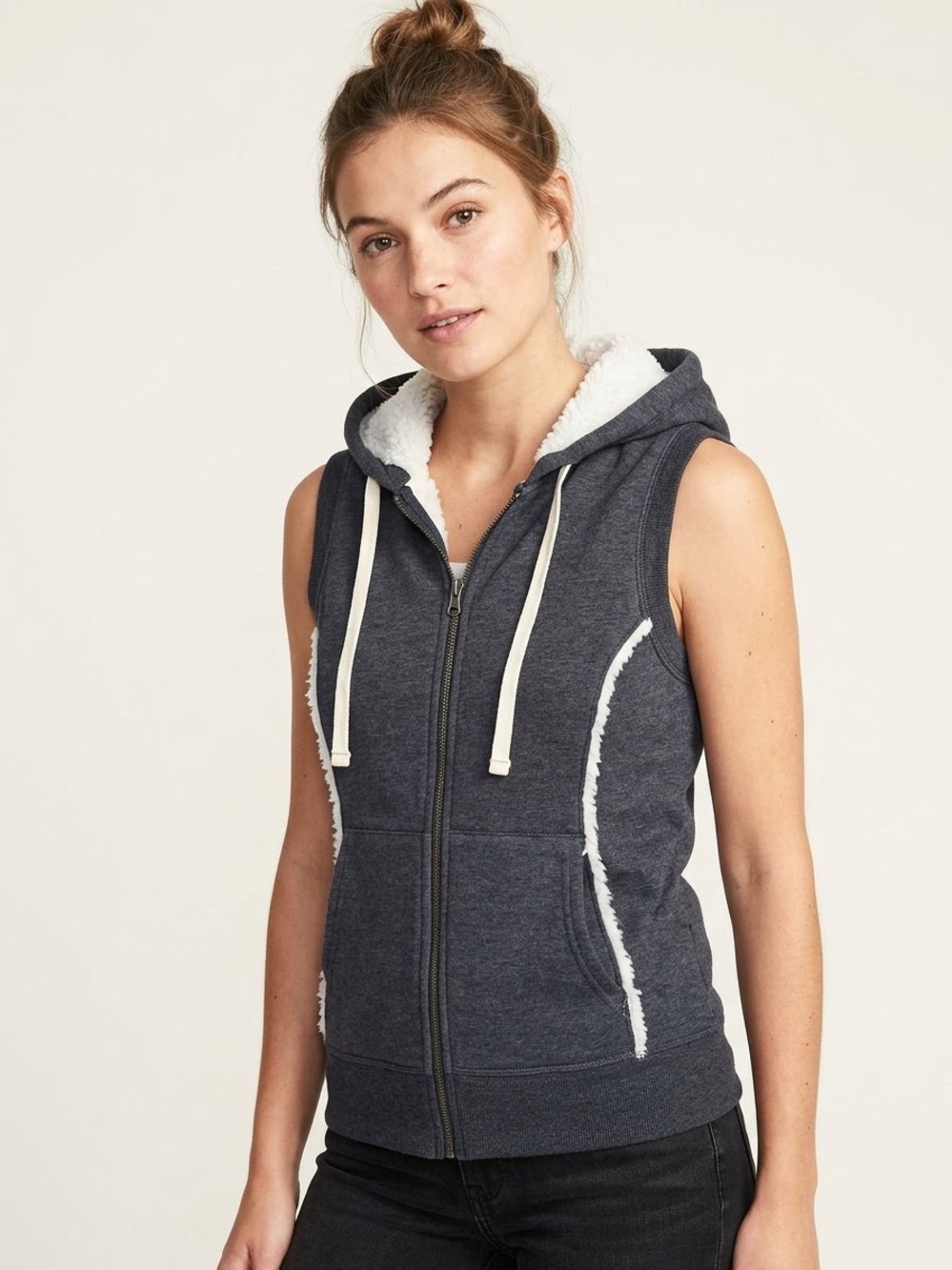 Old Navy Faux Sherpa Lined Hooded Vest Full Zip Sleeveless Sweatshirt Pocketed